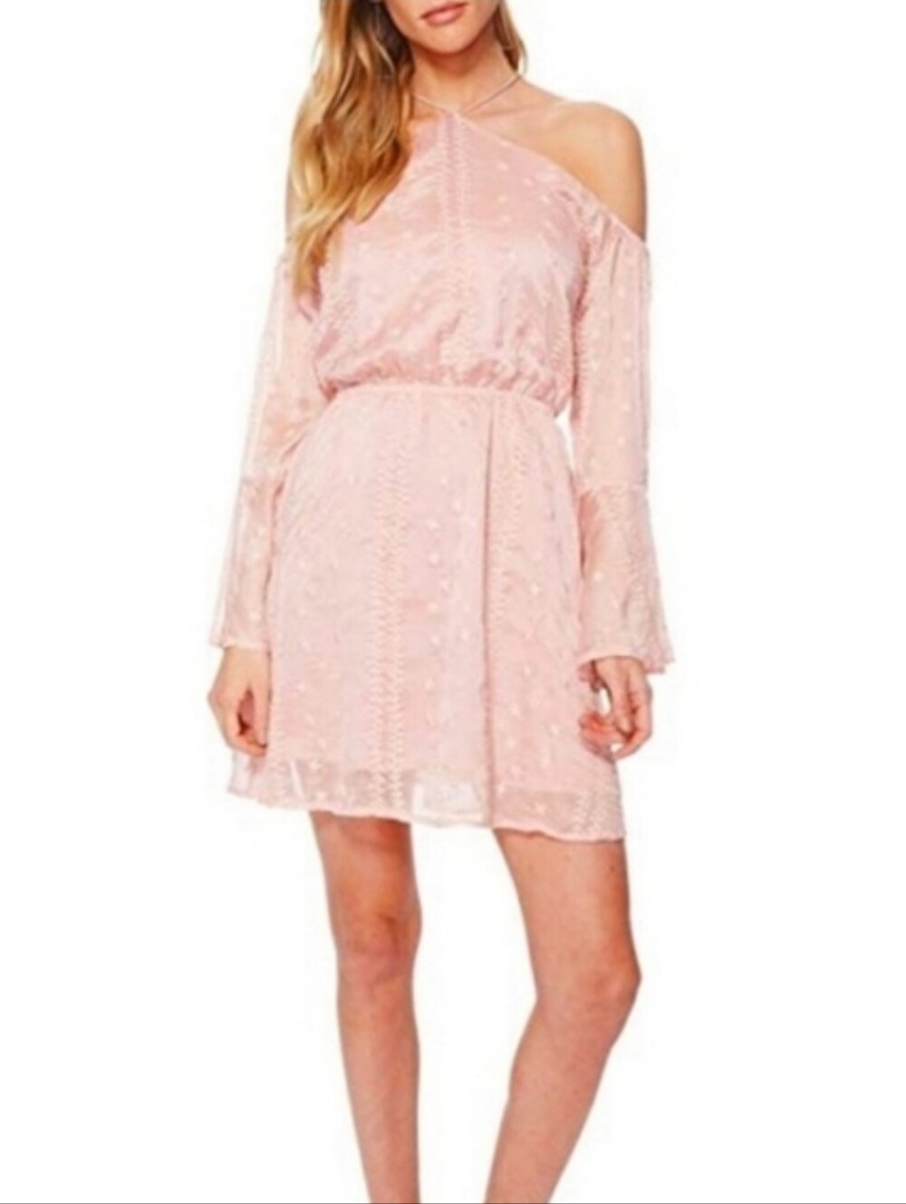 J.O.A Pink Embroidered Cold-shoulder Blouson Dress with Tassels New Size M